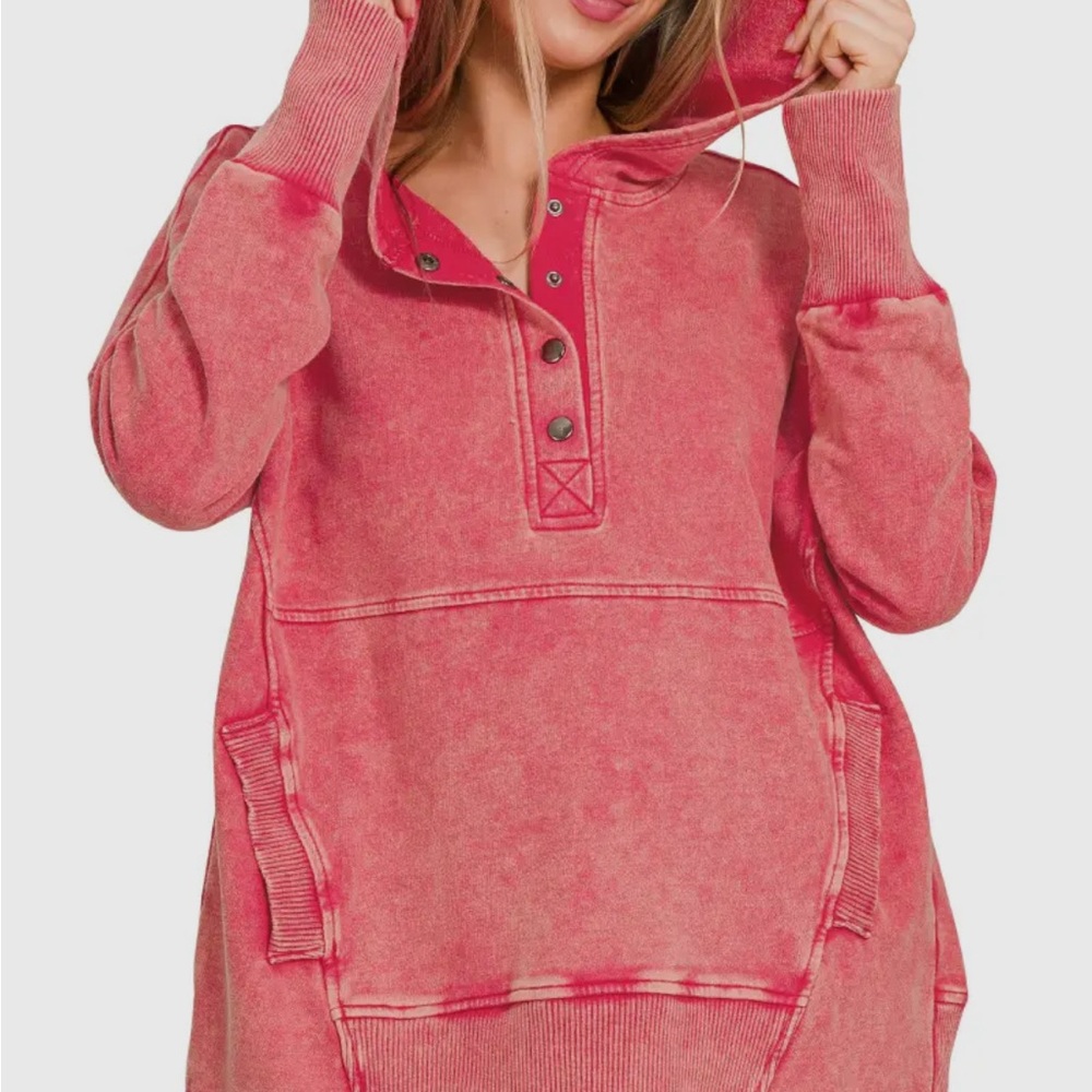 Zenana Outfitters Acid Wash Magenta Hoodie Sweatshirt